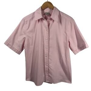 Alison Daily Top Women 10 Pink White Stripe Short Sleeve Button Up Spring Cotton